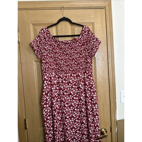 Milkmaid Floral Maxi Dress Red Smocked Cottagecore Front Splits 18/20 - Picture 5 of 6